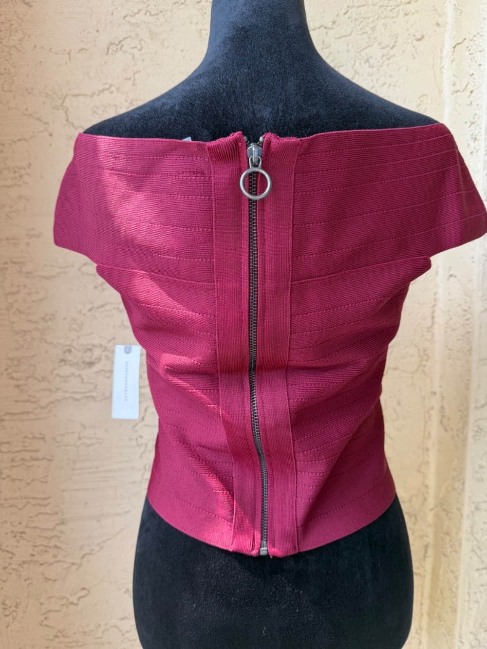 By Anthropologie Dark Wine Off-The-Shoulder Bandage Cropped Sweater Sz M NWT - Picture 6 of 13